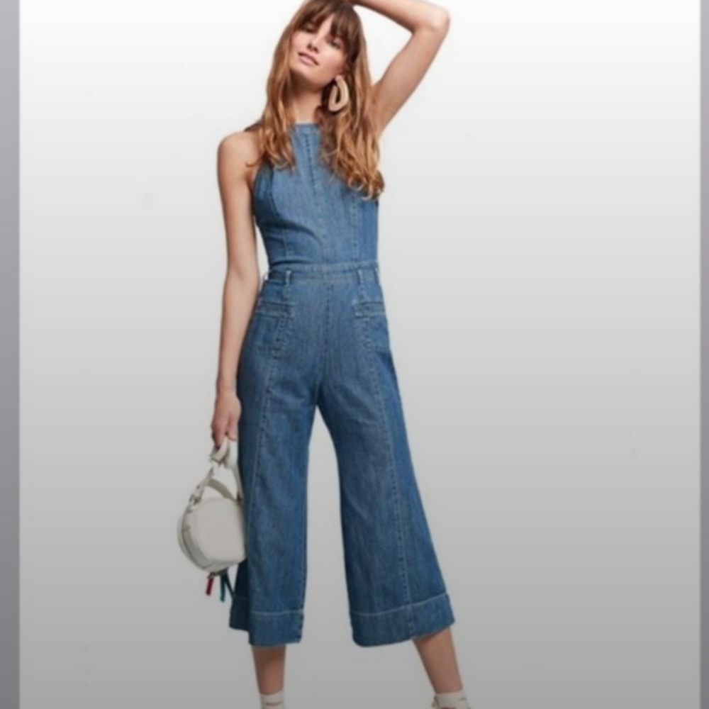 Anthropologie Pilcro Femme Denim Chambray Wide Leg Crop Jumpsuit Size 4 - Picture 2 of 16
